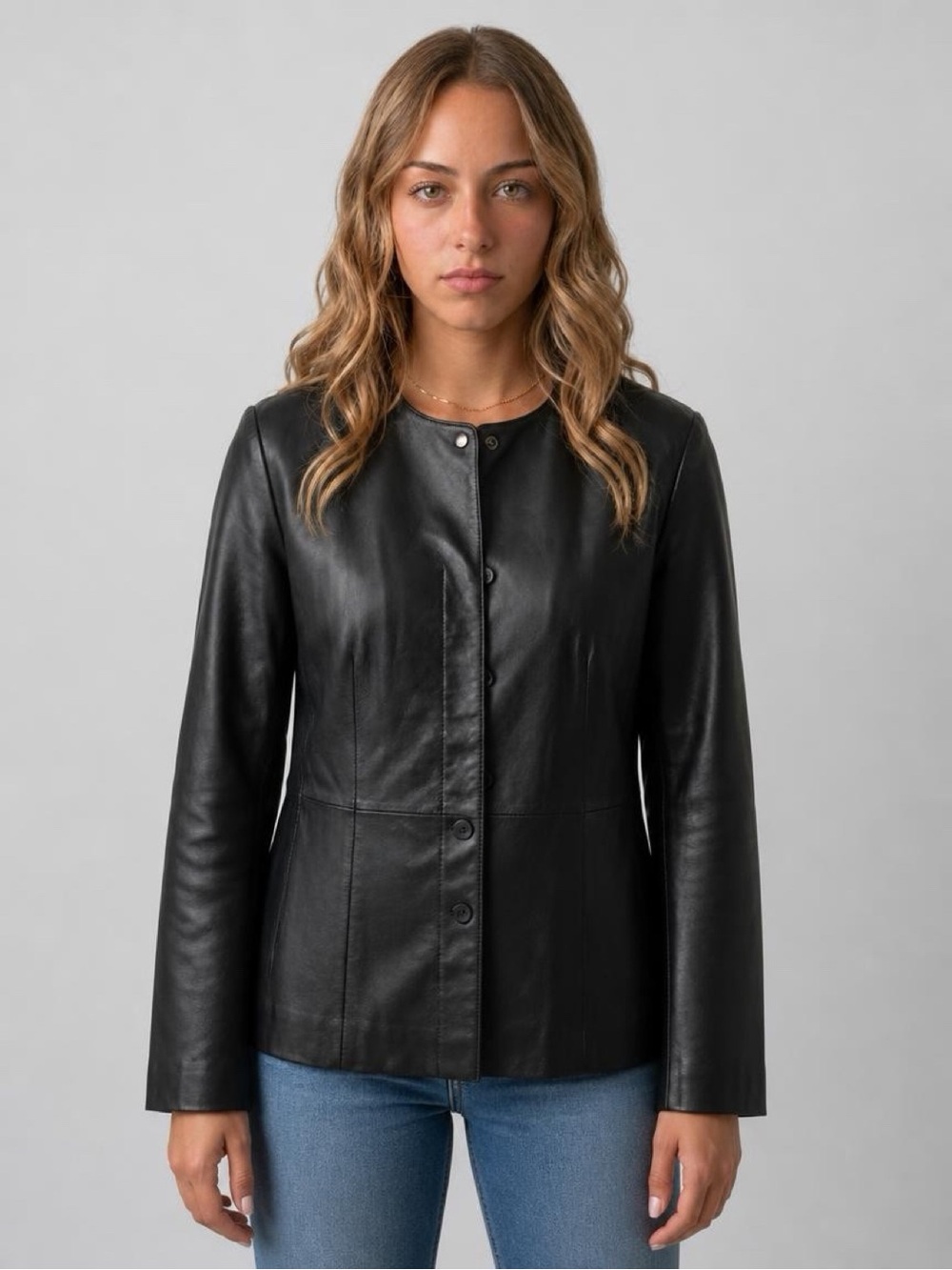 Elegant Black Genuine Leather Collarless Jacket Minimalist Button Front- Lined